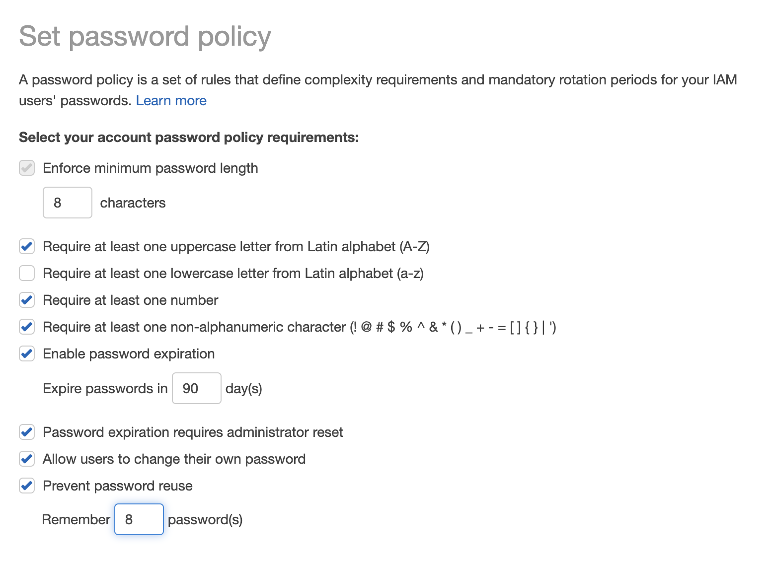 password policy and set rules